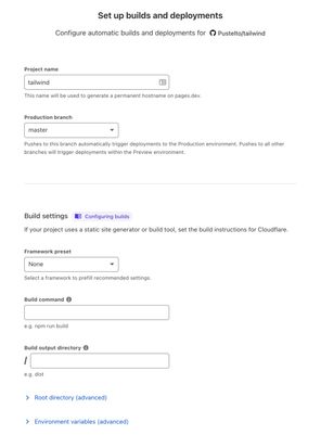 Form for connecting Github repo to Cloudflare Pages after a user selected a repository. Contains fields for a project name, production branch and framework presets.